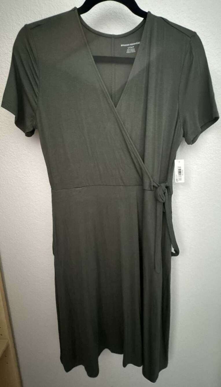Amazon Essentials Wrap Dress Size S Olive Green Short Sleeve